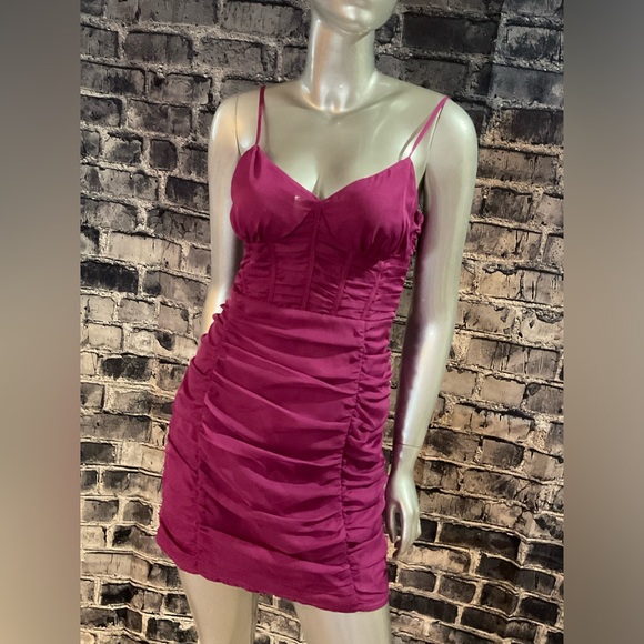 Fuschia Ruched Party Mini Dress - Picture 2 of 6